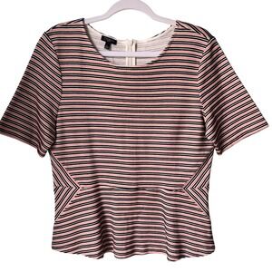 NEW Talbots Peplum Top Pink Black Stripe Short Sleeve Cotton Large Petite NWT